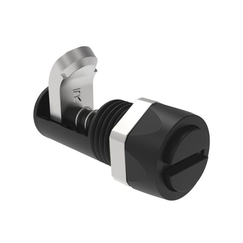SOUTHCO Compression Latch, Self-Adjusting, Miniature Size, Tool Locking, Slotted Recess, 1.5-4.8mm Panel, 0.8-7.1mm Grip, Stainless steel, Organic Finish, Black [27-10-501-50]