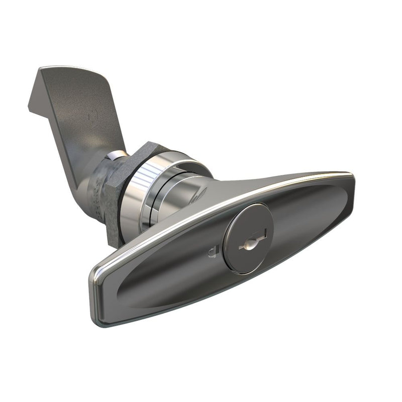 SOUTHCO Quarter-Turn Cam Latch, Key Locking (Reversible Key) T-handle, 23mm (.91 in) Grip, Not Sealed, Zinc Alloy, Chrome Plated, Bright [E5-9-622-510-13]