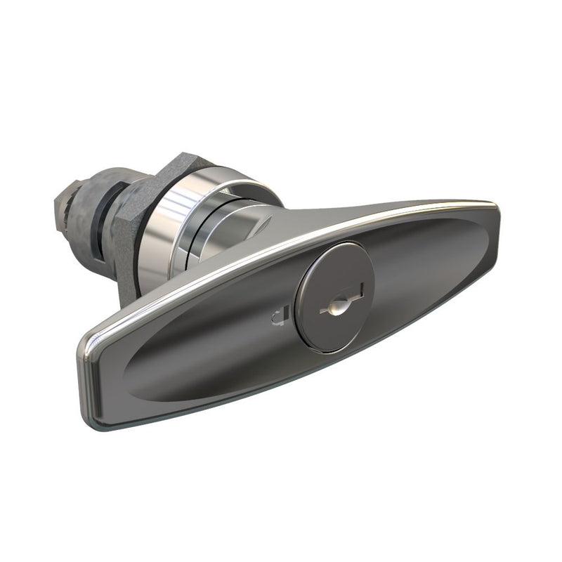 SOUTHCO Quarter-Turn Cam Latch, Key Locking (Reversible Key) T-handle, Spring-return Actuator, Not Sealed, Zinc Alloy, Chrome Plated, Bright [E5-9-622-TR0-13]