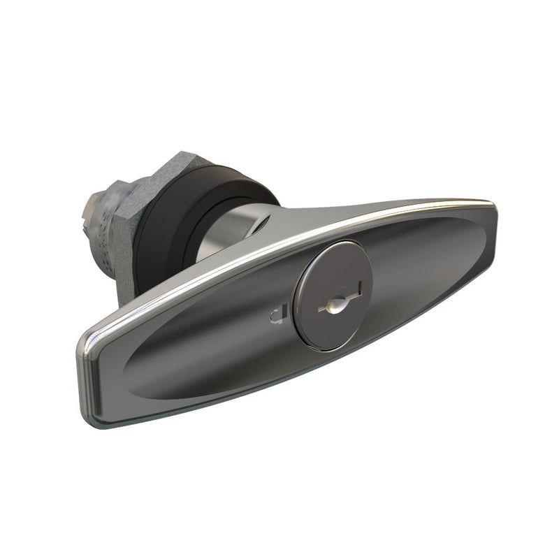 SOUTHCO Quarter-Turn Cam Latch, Key Locking (Reversible Key) T-handle, Without Cam, Sealed, Zinc Alloy, Chrome Plated, Bright [E5-9-622-UU1-13]