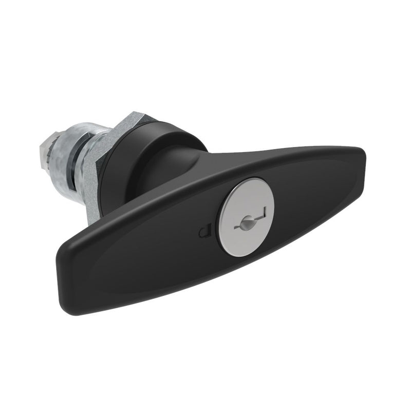 SOUTHCO Quarter-Turn Cam Latch, Key Locking (Reversible Key) T-handle, Spring-return Actuator, Not Sealed, Zinc Alloy, Powder Coat, Black [E5-9-625-TR0-10]