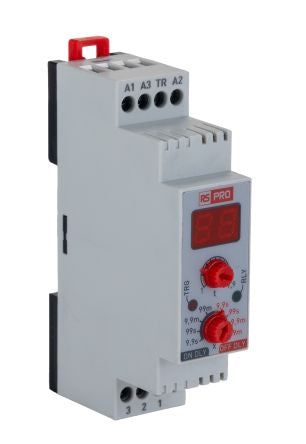 RS PRO DIN Rail Mount Timer Relay, 230 V ac, 24V ac/dc, 3-Contact, 0.1 → 99min, 2-Function, SPDT [0]; 119-800
