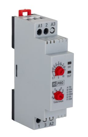RS PRO DIN Rail Mount Timer Relay, 230 V ac, 24V ac/dc, 3-Contact, 0.1 → 100h, 1-Function, SPDT [0]; 119-803
