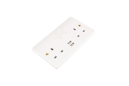 MK Electric White 2 Gang Plug Socket, 2 Poles, 2A, Type G - British, USB, Indoor Use [K2744WHI]; 144-6500