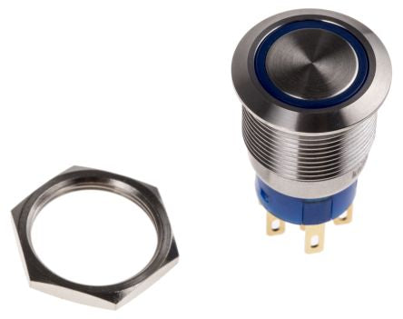 KNITTER-SWITCH Illuminated Vandal Proof Push Button Switch, Momentary, Panel Mount, 19.2mm Cutout, DPDT, Blue LED, 28 V [MAV19A0F20E-724-JR]; 164-9516