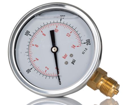 RS PRO BSP 1/2in Analogue Pressure Gauge 200psi Bottom Entry 100mm Outside Diameter [0]; 235-1297