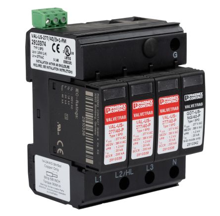 Phoenix Contact, VAL-US-277/40/3+1-FM Surge Protection Device 480 V ac Maximum Voltage Rating 40kA Maximum Surge [2910374]; 241-6116