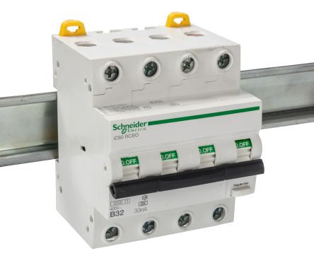 Schneider Electric RCBO, 32A Current Rating, 4P Poles, 30mA Trip Sensitivity, Acti 9 Range [A9D87432]; 247-1931