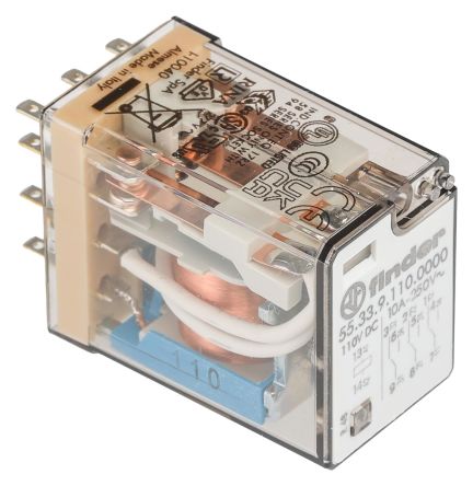 Finder Plug In Relay, 110V dc Coil, 10A Switching Current, 3PDT, 3PDT [553391100000]; 248-1594