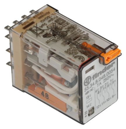 Finder Plug In Relay, 48V ac Coil, 7A Switching Current, 4PDT [553480480054]; 248-1611