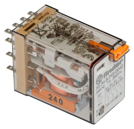 Finder Plug In Relay, 240V ac Coil, 7A Switching Current, 4PDT [553482400040]; 248-1637