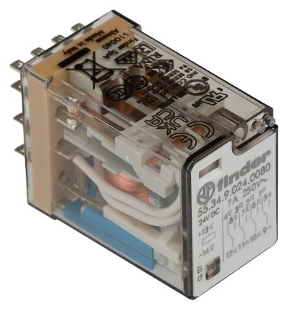 Finder Plug In Relay, 24V dc Coil, 7A Switching Current, 4PDT [553490240080]; 248-1655