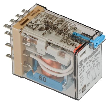 Finder Plug In Relay, 60V dc Coil, 7A Switching Current, 4PDT [553490600040]; 248-1678
