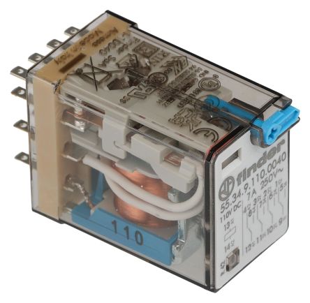 Finder Plug In Relay, 110V dc Coil, 7A Switching Current, 4PDT [553491100040]; 248-1686