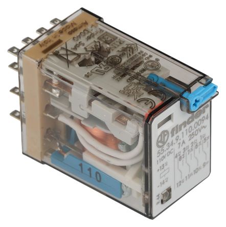 Finder Plug In Relay, 110V dc Coil, 7A Switching Current, 4PDT [553491100094]; 248-1689