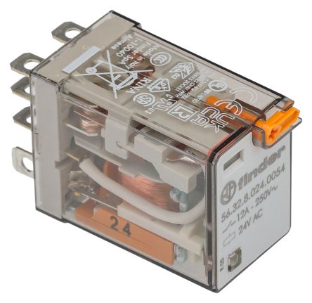 Finder Plug-In Mount Power Relay, 24V ac Coil, 20A Switching Current, DPDT [563280240054]; 248-1706