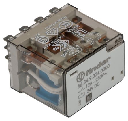 Finder Plug-In Mount Power Relay, 24V dc Coil, 12A Switching Current, 4PDT [563490240000]; 248-1842
