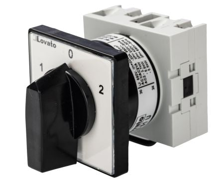 Lovato, 1P 3 Position 60° Changeover Cam Switch, 690V (Volts), 20A, Short Black Handle Actuator [GX2051U]; 248-5589