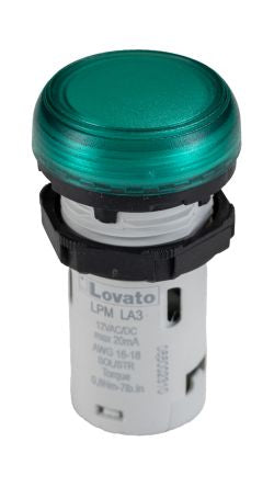 Lovato, LPML, Panel Mount Green LED Pilot Light, 22mm Cutout, IP66, IP67, IP69K, Round, 12V [LPMLA3]; 248-6038