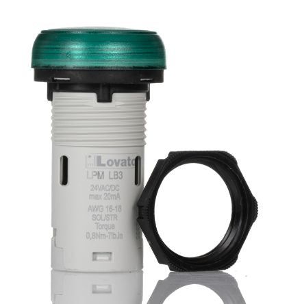 Lovato, LPML, Panel Mount Green LED Pilot Light, 22mm Cutout, IP66, IP67, IP69K, Round, 24V [LPMLB3]; 248-6044