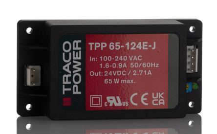 TRACOPOWER Power Supply, TPP 65-124E-J, 24V dc, 2.71A, 65W, 1 Output, 85 → 264V ac Input Voltage [TPP 65-124E-J]; 249-9881