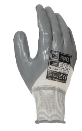 RS PRO Grey, White Nylon Good Dexterity Work Gloves, Size 10, XL, Nitrile Coating [LN635-10]; 253-5214