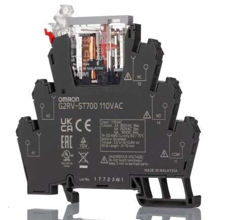 Omron G2RV-ST Series Electromechanical Interface Relay, DIN Rail Mount, 110V ac Coil, SPDT, 1-Pole, 6A Load [G2RV-ST700 110VAC]; 271-1850