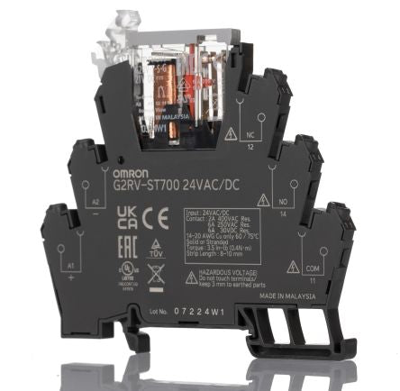 Omron G2RV-ST Series Electromechanical Interface Relay, DIN Rail Mount, 24V ac/dc Coil, SPDT, 1-Pole, 6A Load [G2RV-ST700 24VAC/DC]; 271-1853