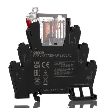 Omron G2RV-ST Series Electromechanical Interface Relay, DIN Rail Mount, 230V ac Coil, SPDT, 1-Pole, 50mA Load [G2RV-ST700-AP 230VAC]; 271-1858