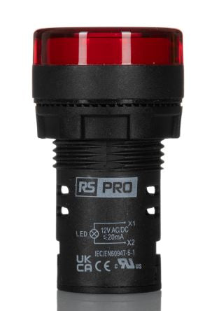 RS PRO, Panel Mount Red LED Pilot Light, 22mm Cutout, IP65, Round, 12V ac/dc [0]; 271-7486