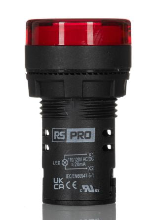 RS PRO, Panel Mount Red LED Pilot Light, 22mm Cutout, IP65, Round, 110V ac/dc [0]; 271-7488