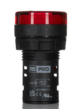 RS PRO, Panel Mount Red LED Pilot Light, 22mm Cutout, IP65, Round, 230V ac [0]; 271-7489