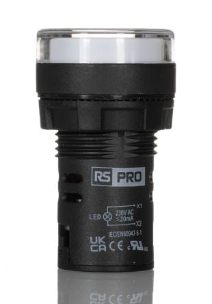 RS PRO, Panel Mount White LED Pilot Light, 22mm Cutout, IP65, Round, 230V ac [0]; 271-7491