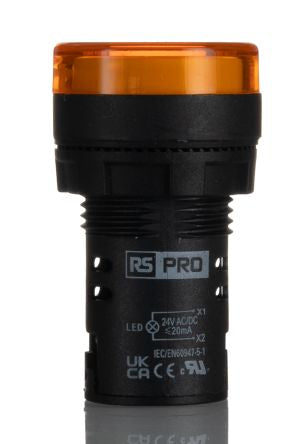 RS PRO, Panel Mount Yellow LED Pilot Light, 22mm Cutout, IP65, Round, 24V ac/dc [0]; 271-7493