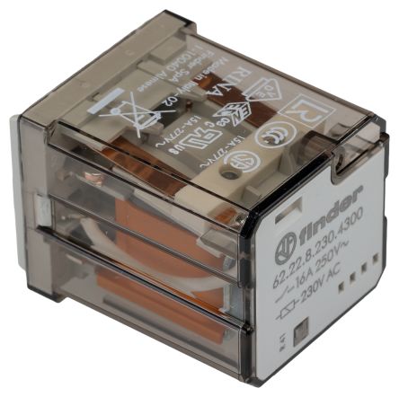 Finder PCB Mount Power Relay, 230V ac Coil, 16A Switching Current, DPDT [622282304300]; 282-6664