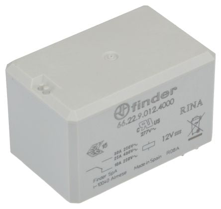 Finder PCB Mount Power Relay, 12V Coil, 30A Switching Current, DPDT [66.22.9.012.4000]; 286-8586