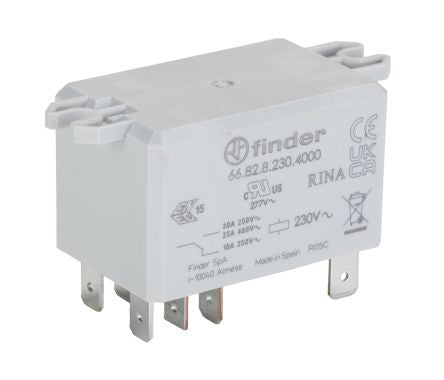 Finder Flange Mount Power Relay, 230V Coil, 30A Switching Current, DPDT [66.82.8.230.4000]; 286-8592