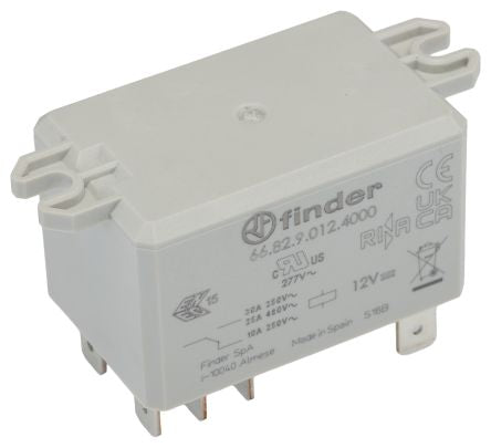 Finder Flange Mount Power Relay, 12V Coil, 50A Switching Current, DPDT [66.82.9.012.4000]; 286-8594