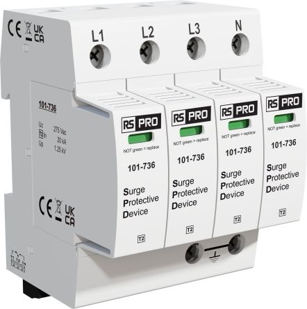 RS PRO Three Phase Industrial Surge Protector, 50kA, 1.25kV, DIN Rail Mount [0]; 101-736