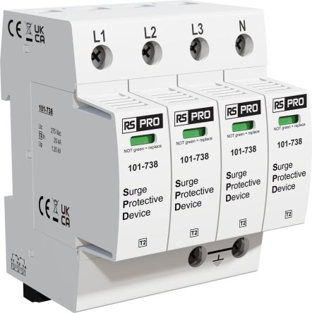 RS PRO Three Phase Industrial Surge Protector, 50kA, 1.25kV, DIN Rail Mount [0]; 101-738