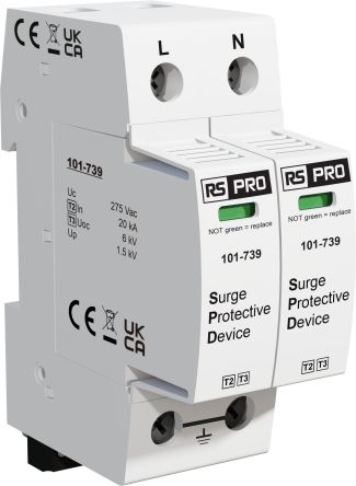 RS PRO Single Phase Industrial Surge Protector, 50kA, 1.5kV, DIN Rail Mount [0]; 101-739