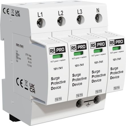 RS PRO Three Phase Industrial Surge Protector, 50kA, 1.5kV, DIN Rail Mount [0]; 101-741
