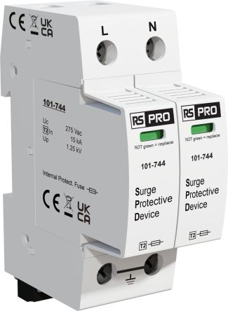 RS PRO Single Phase Industrial Surge Protector, 25kA, 1.25kV, DIN Rail Mount [0]; 101-744