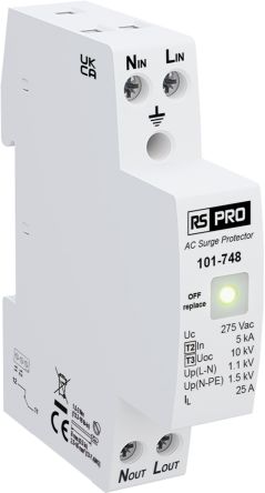 RS PRO Single Phase Industrial Surge Protector, 10kA, 1.1kV, DIN Rail Mount [0]; 101-748