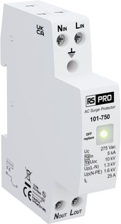 RS PRO Single Phase Industrial Surge Protector, 10kA, 1.3kV, DIN Rail Mount [0]; 101-750