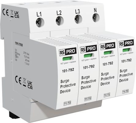 RS PRO Three Phase Industrial Surge Protector, 40kA, 1.35kV, DIN Rail Mount [0]; 101-792