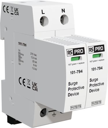 RS PRO Single Phase Industrial Surge Protector, 50kA, 1.35kV, DIN Rail Mount [0]; 101-794