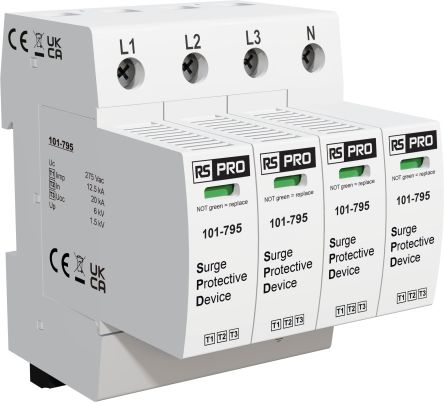 RS PRO Three Phase Industrial Surge Protector, 50kA, 1.35kV, DIN Rail Mount [0]; 101-795