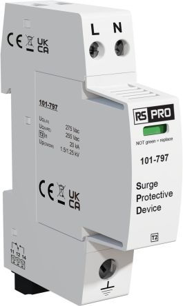 RS PRO Single Phase Industrial Surge Protector, 40kA, 1.25kV, DIN Rail Mount [0]; 101-797