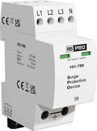 RS PRO Single Phase Industrial Surge Protector, 40kA, 1.25kV, DIN Rail Mount [0]; 101-799